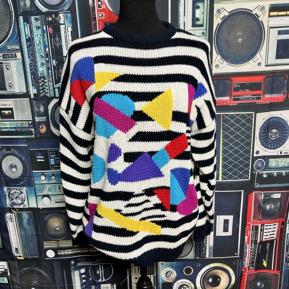 JAMIE SCOTT Vintage 80s Pullover Knit Sweater Retro Abstract Design